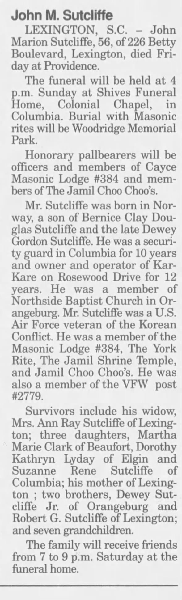 Obituary for John Marion Sutcliffe (Aged 56)